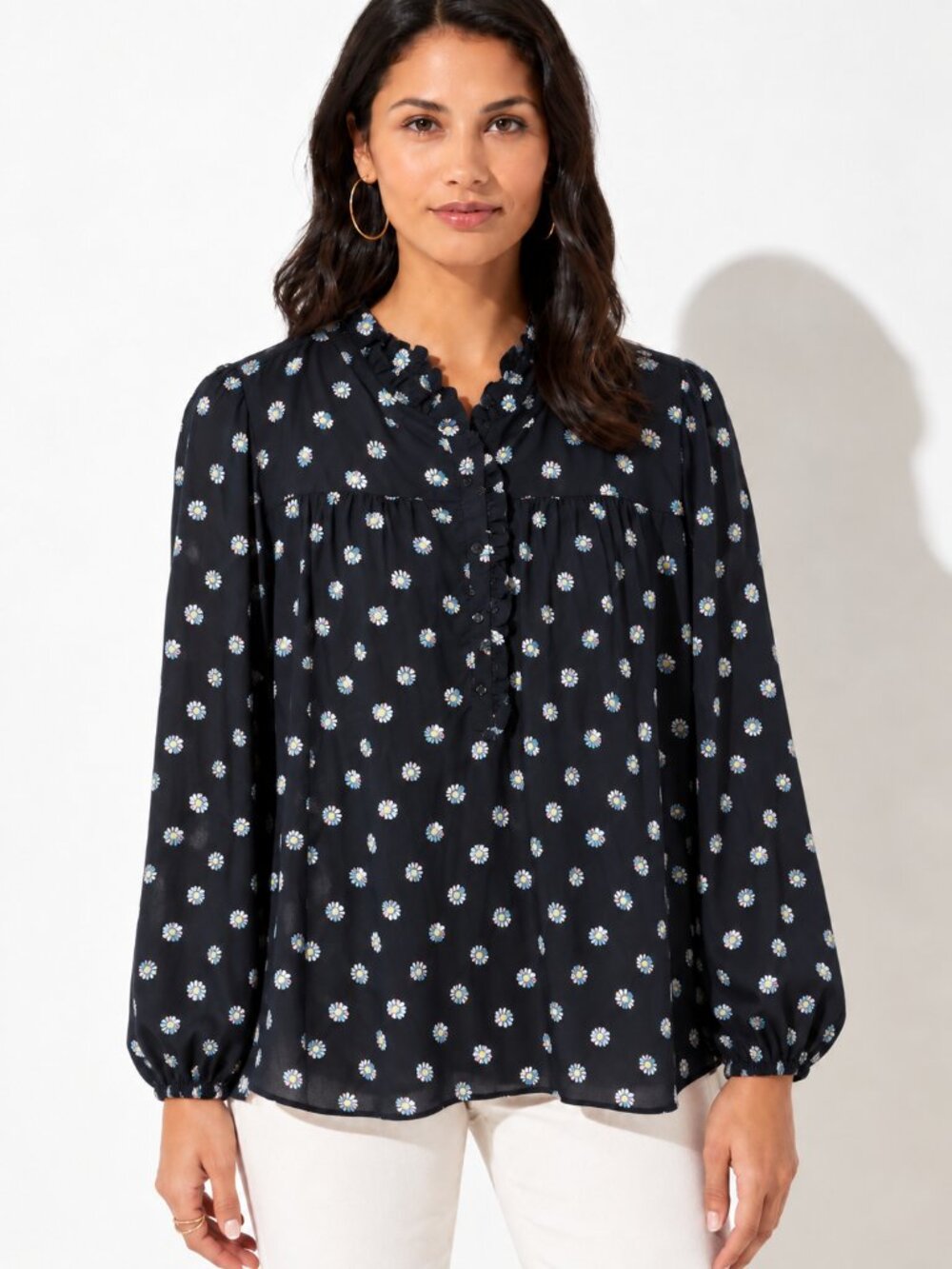 LOFT Navy Floral Ruffle Henley Mixed Media Blouse Long Sleeve M NWT